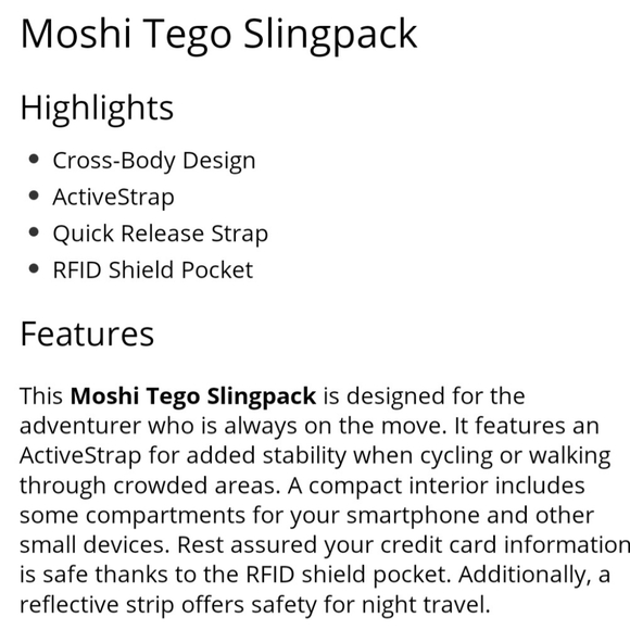 Moshi Tego - travel unisex crossbody slingpack; backpack! - Picture 6 of 6